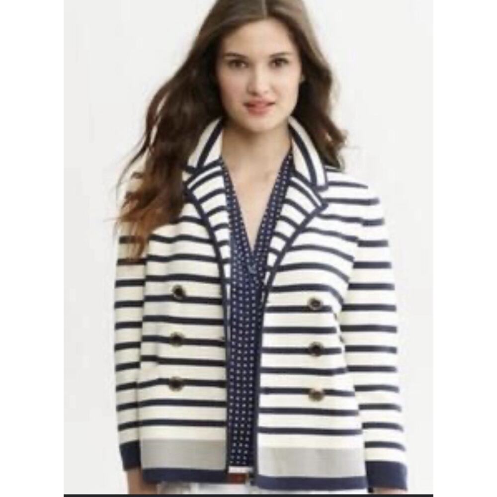 Banana Republic White and Navy Striped Double-Breasted Blazer